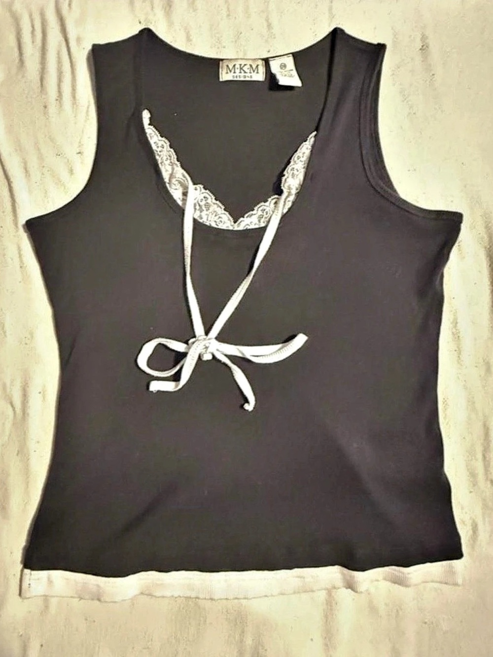 M.K.M Designs Lace Trim Tie Front Tank in Black & White Vintage 90s